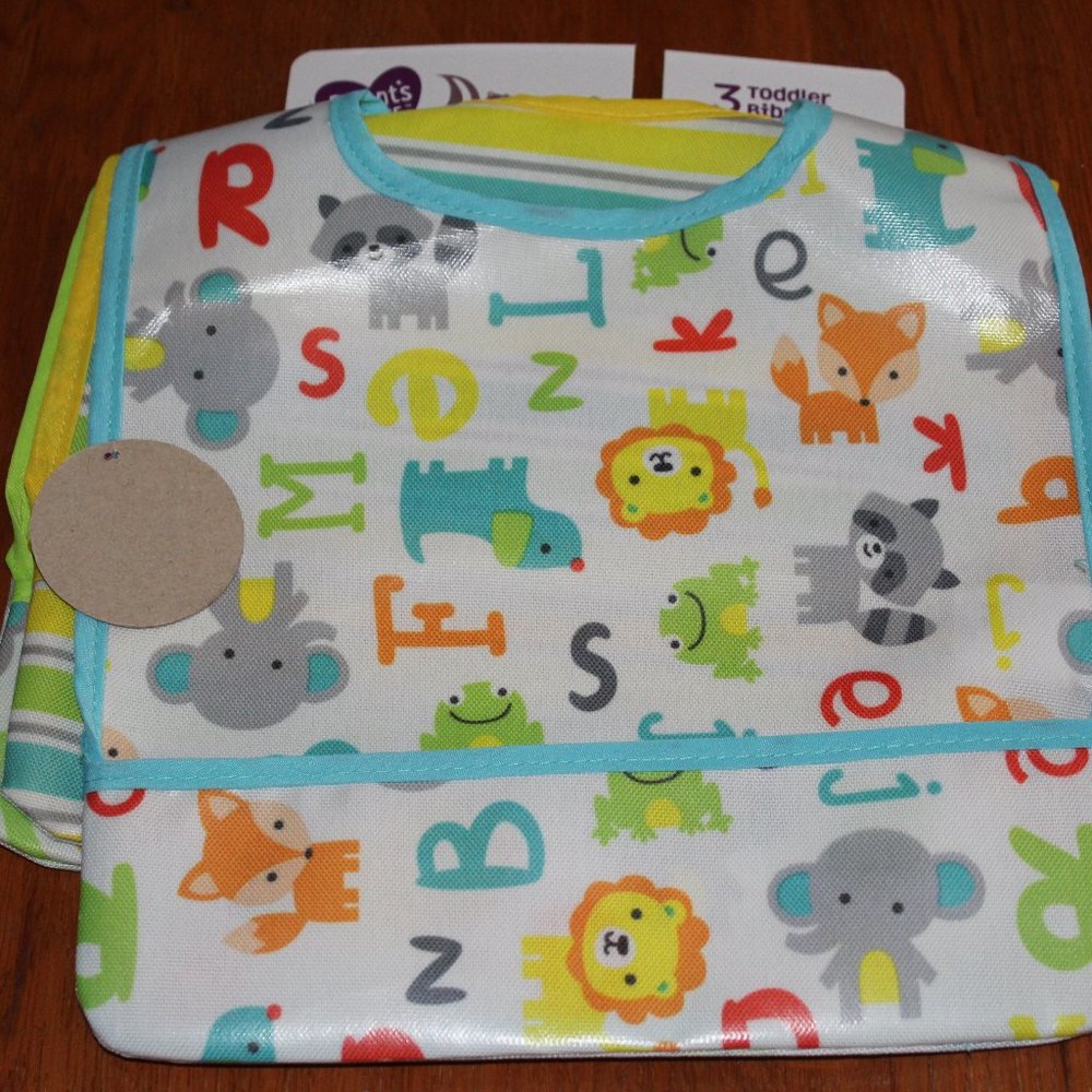 NWT Parent's Choice 3 Toddler Bibs Crumb Cather/ Water Resistant